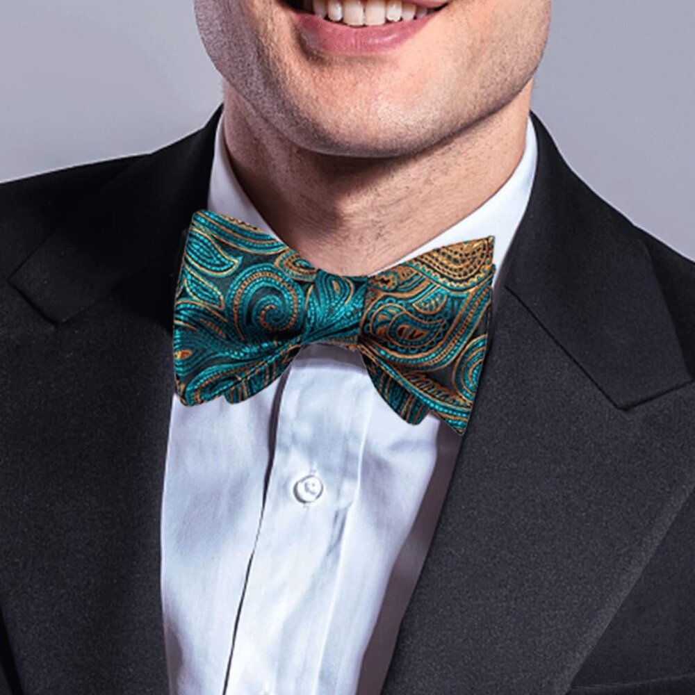Men Bow Tie Paisley Striped Self-Bow Tie for Men and Silk Woven Bowtie Pocket Sq - Picture 3 of 6
